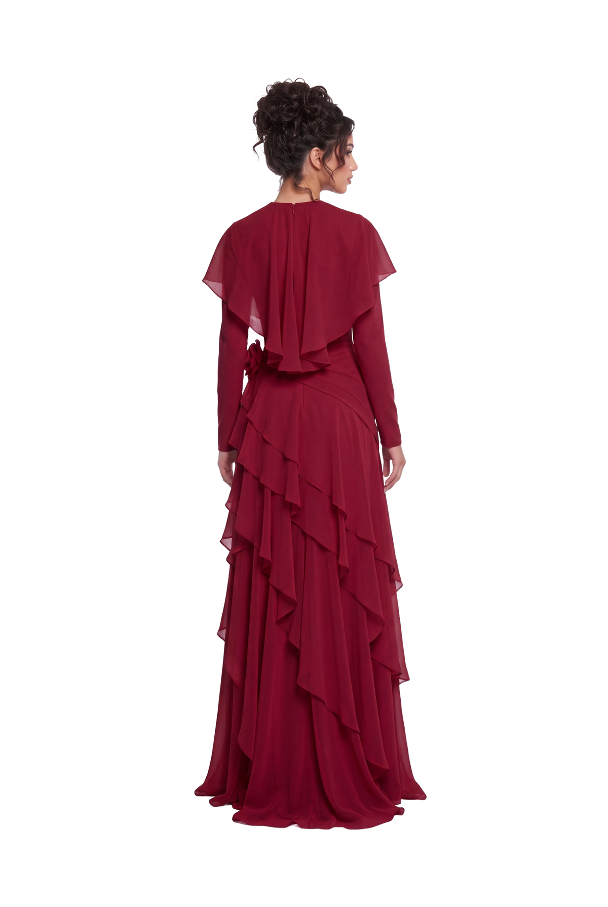 Back view of the Athera burgundy red chiffon gown showing the short cape and cascading ruffle tiers