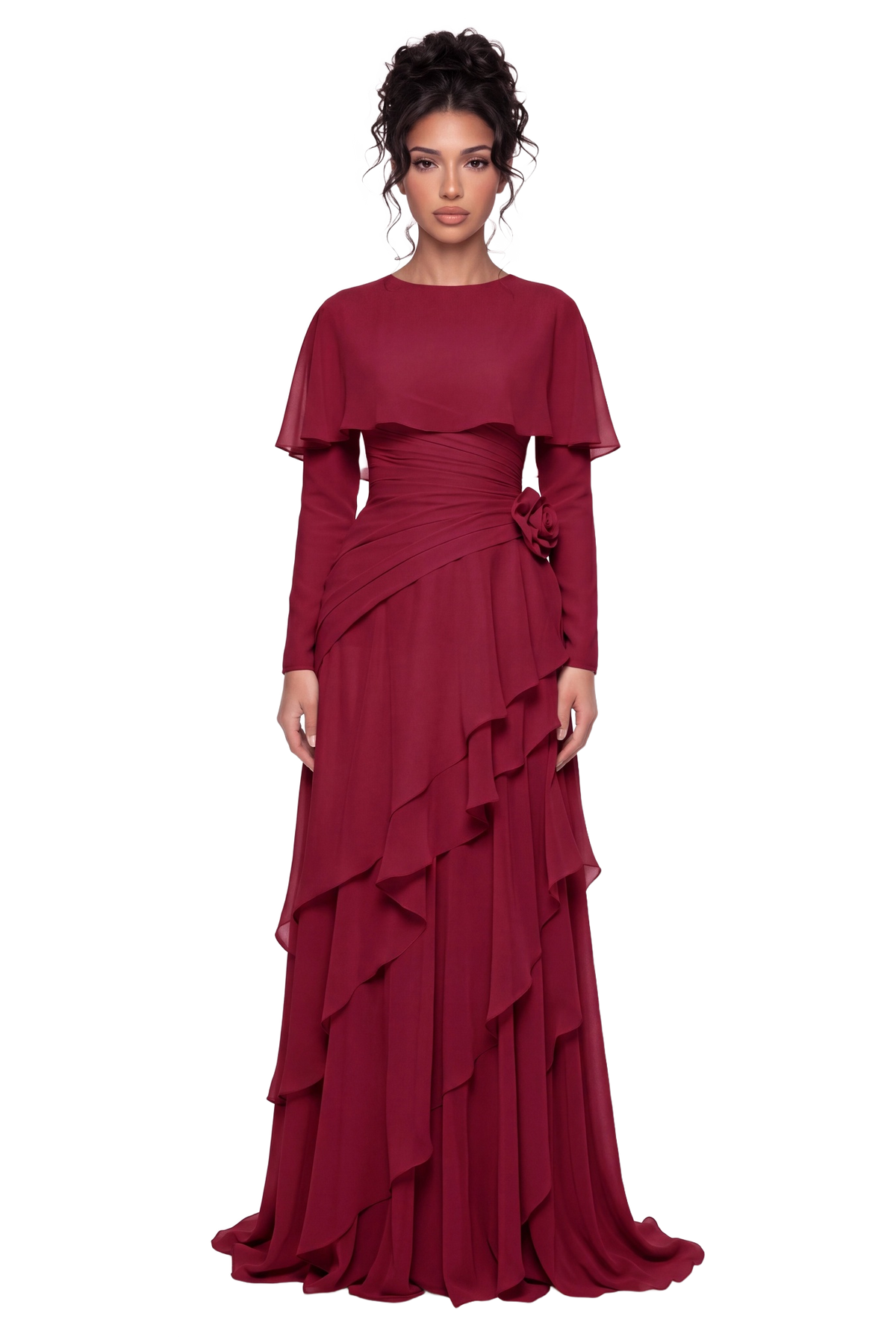 Model wearing the Athera burgundy red chiffon cape gown with long sleeves, full-length front view