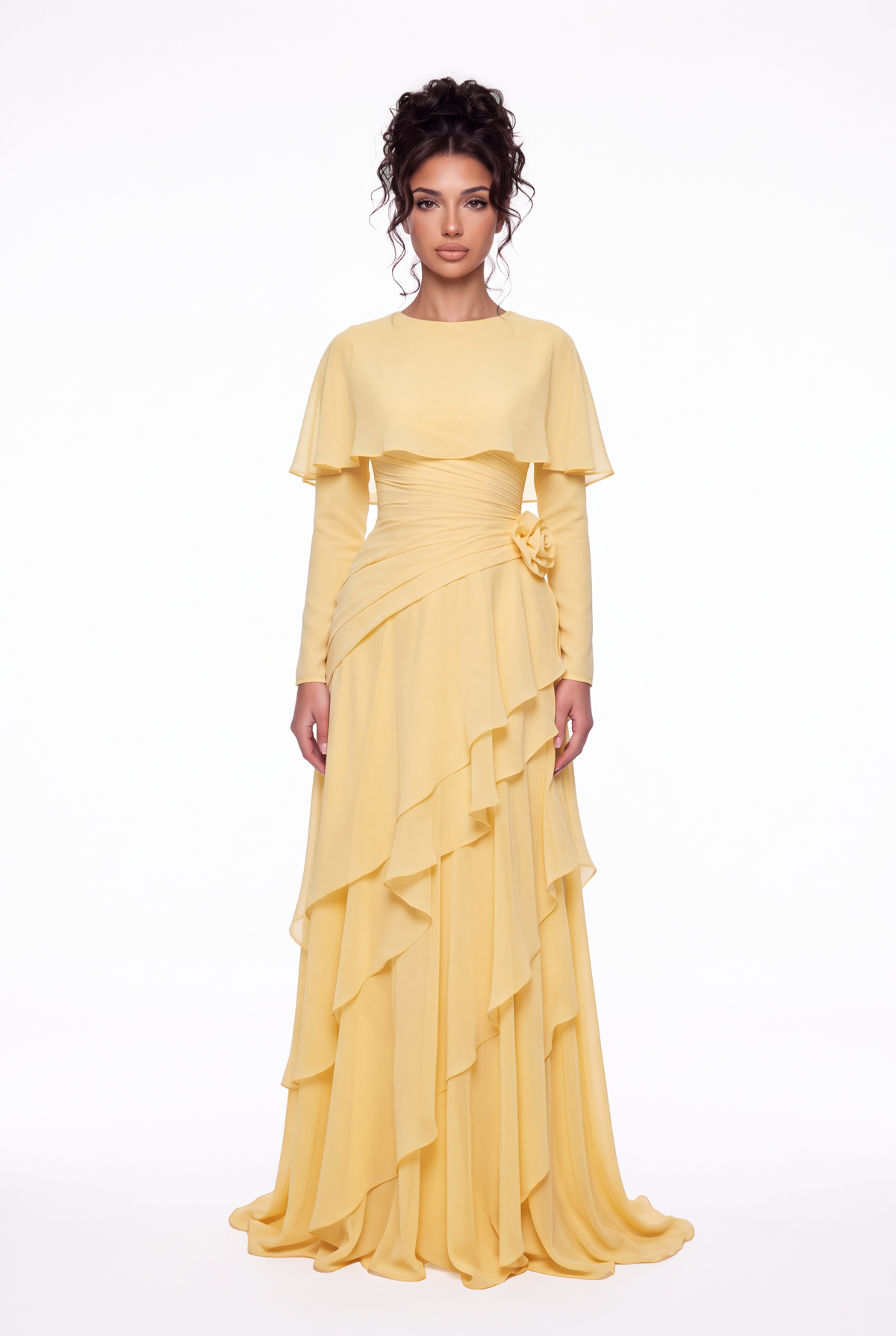 Model wearing the Athera butterfly yellow chiffon cape gown with long sleeves, full-length front view