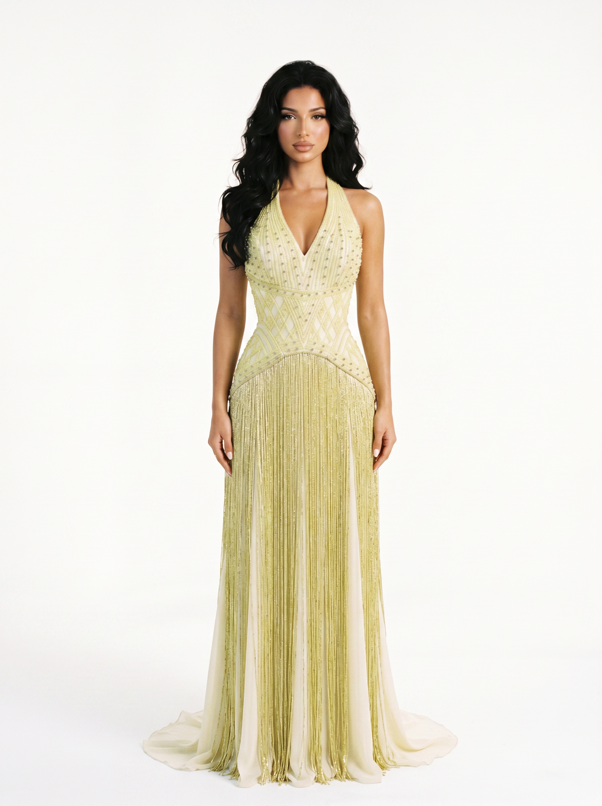 Model wearing the Auréa pale lemon hand-beaded fringe gown, front view