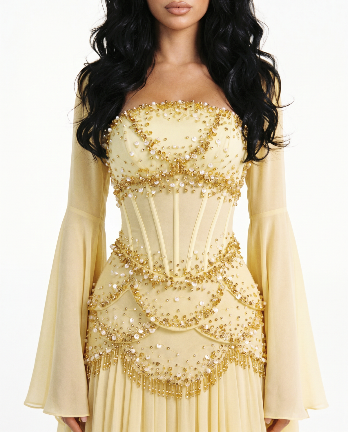 Close-up of the Azura buttercup yellow beaded corset and bell sleeves