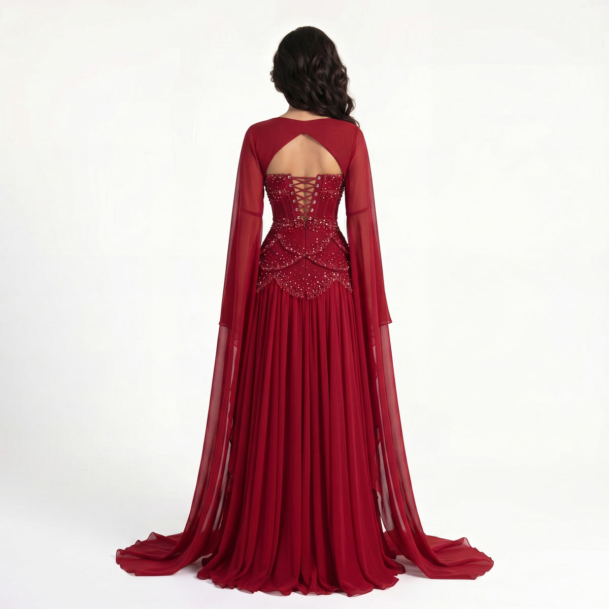 Full-length back view of the Azura crimson red gown with bell sleeves and lace-up corset